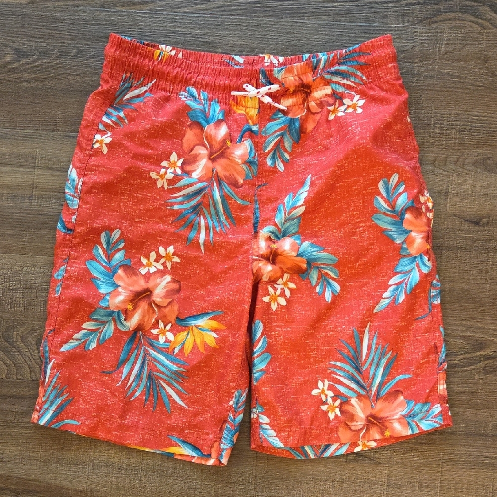 Old Navy Tropical burnt red Floral Kids Swim Shorts Size 14-16. Built In Liner⁰